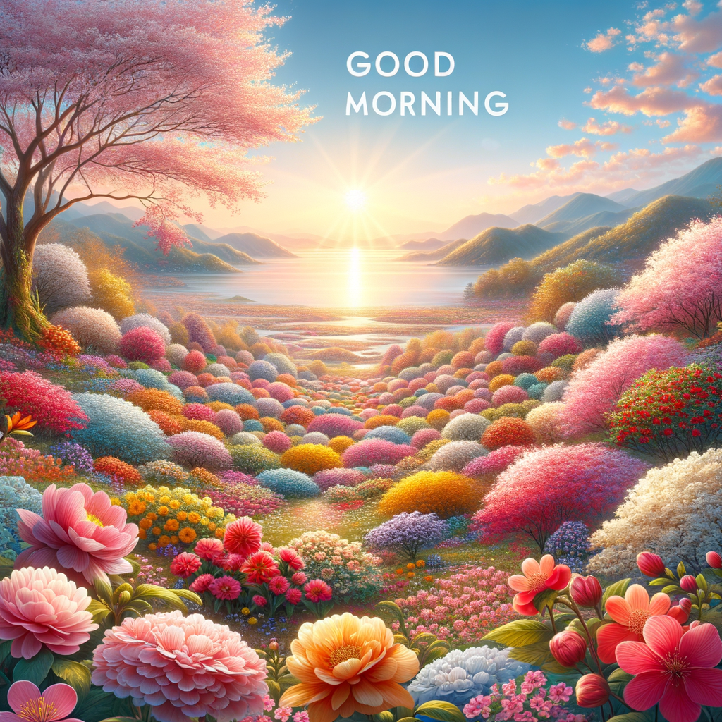 A serene spring morning with sunlight cascading over multicolored flowers in full bloom, captioned 'Good Morning'.