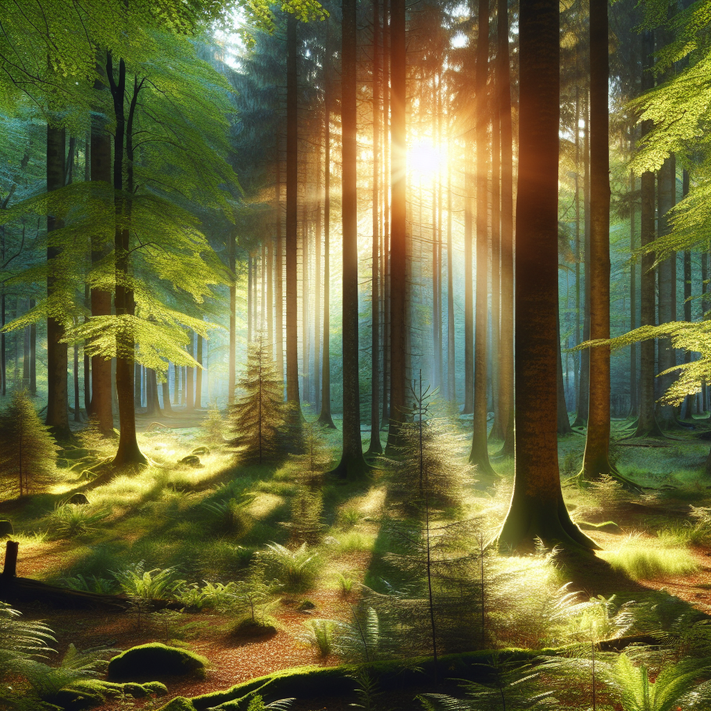 Serene good morning image of a tranquil forest bathed in the golden morning sunlight, absent of any living beings.