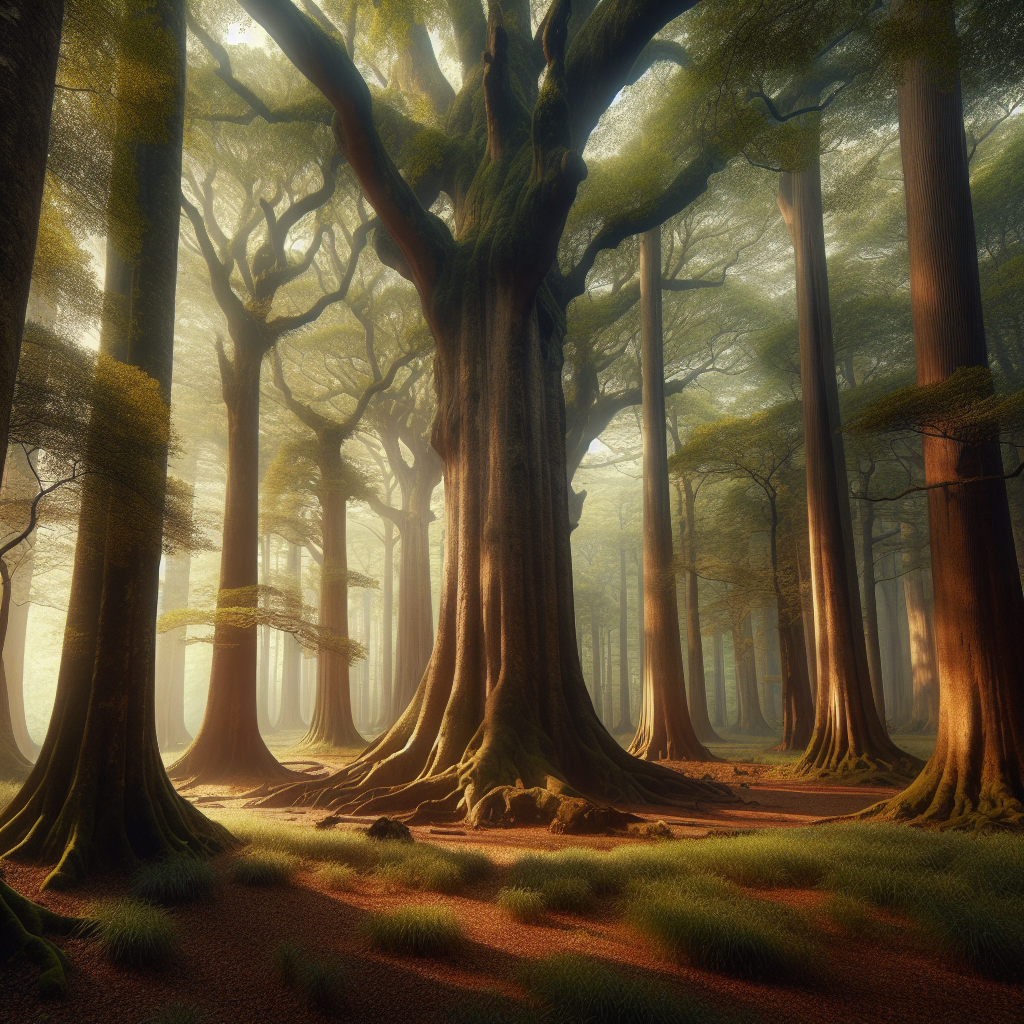 A good morning image showcasing a majestic ancient forest with towering trees under warm morning light.