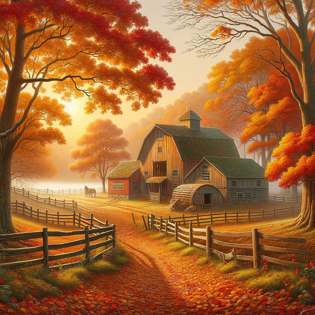 Rustic autumn morning with an idyllic country scene, aged barns, and leaf-covered trails, good morning image.