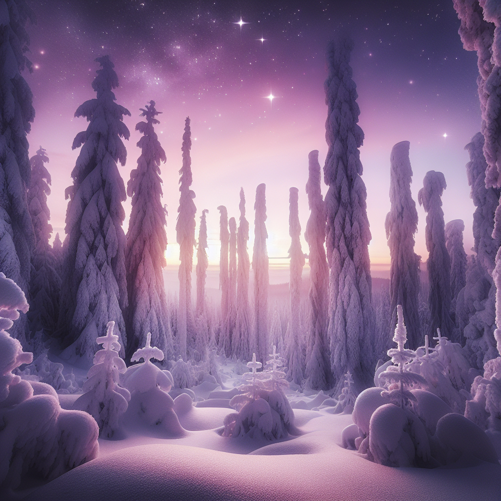 A serene good morning image of an enchanted winter forest at sunrise.