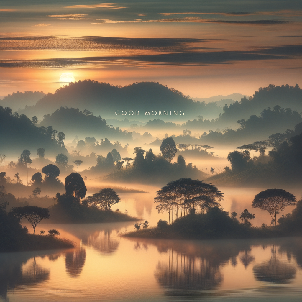 A tranquil and serene landscape early in the morning with rolling hills, a calm lake, and trees in mist, wishing you 'Good morning'.