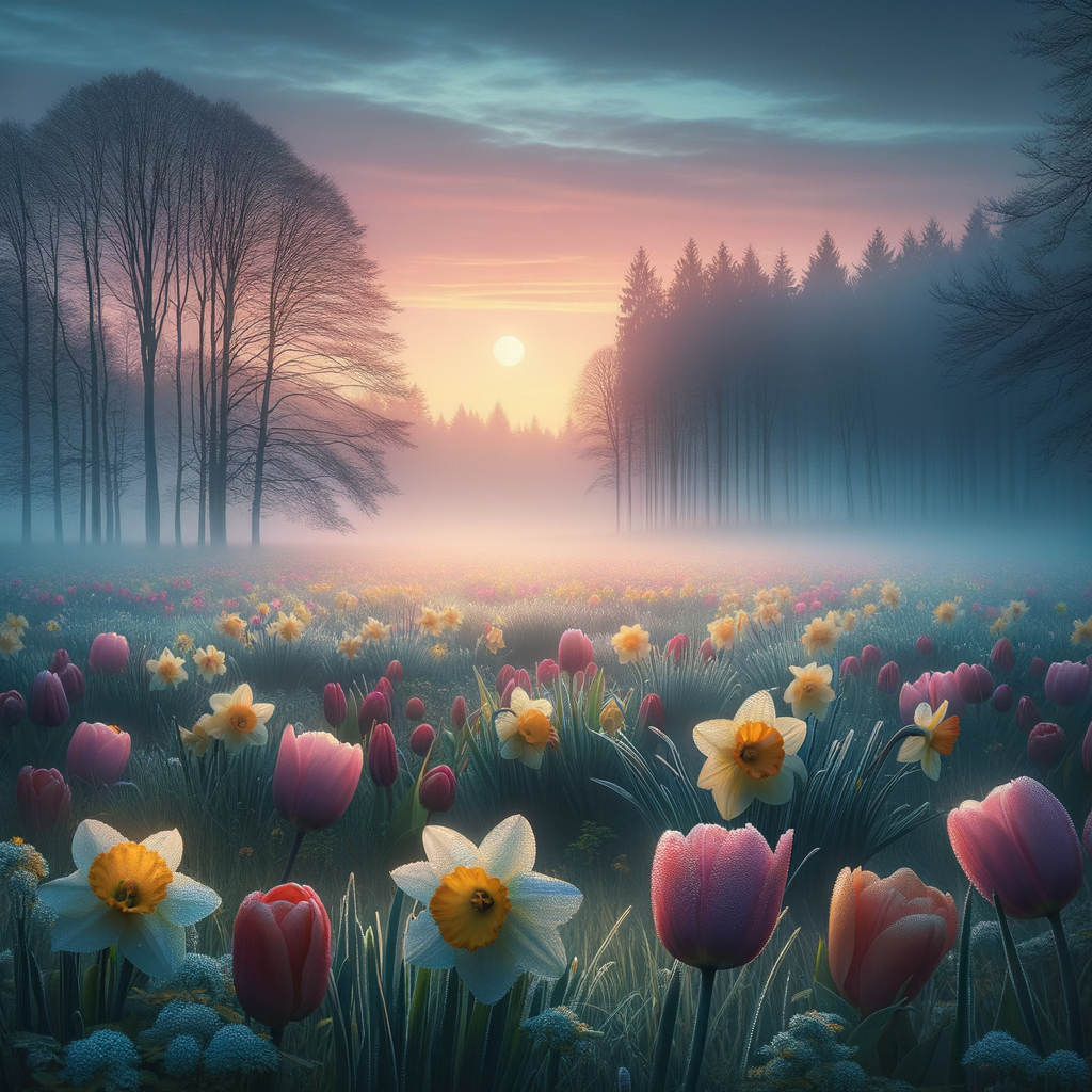 A serene good morning image of a dawning sky with hues of pink and blue over a field of dewy tulips and daffodils.