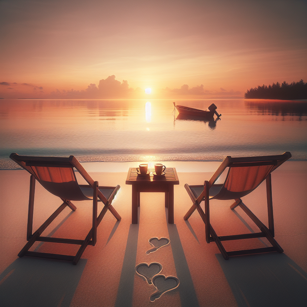 Two empty deck chairs facing a tranquil sunrise on a beach, with intertwined heart-shaped footsteps in the sand and two cups of coffee on a side table, encapsulating a blissful romantic union without any figures present.