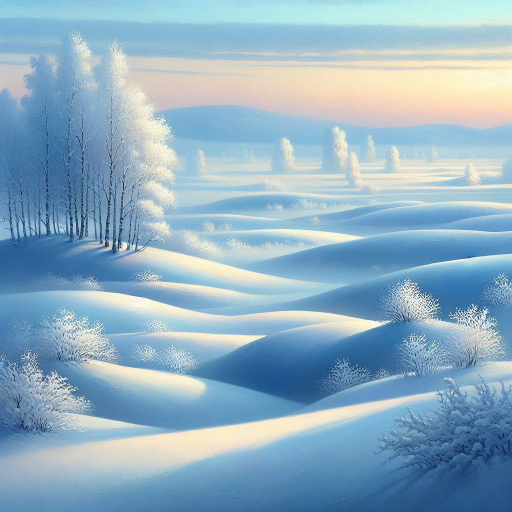 Good morning image of a serene winter landscape with snow-covered trees and soft pastels in the early morning sky.