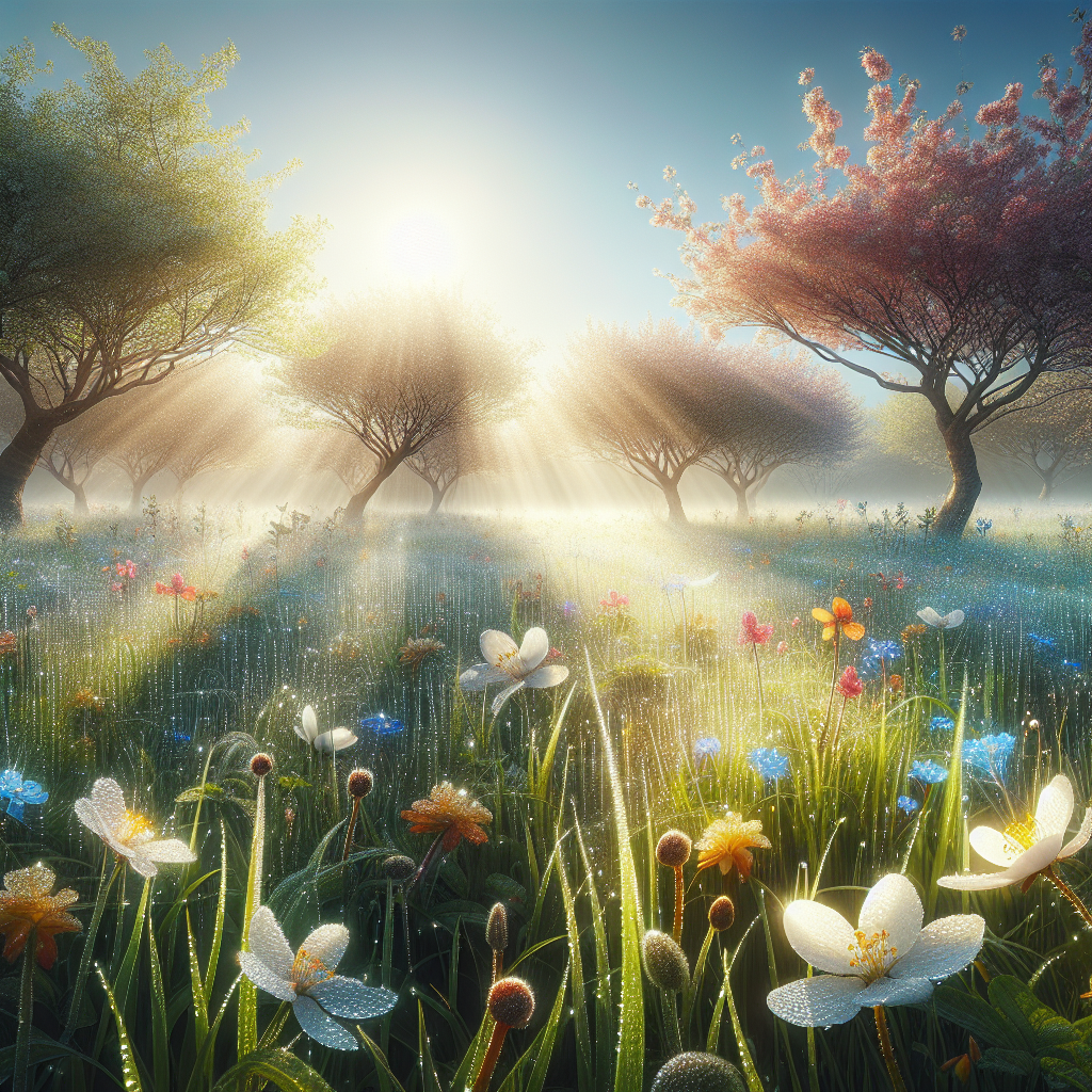 A tranquil spring morning landscape showcasing dew on fresh grass, bloomed flowers on trees against a clear blue sky as a good morning image.