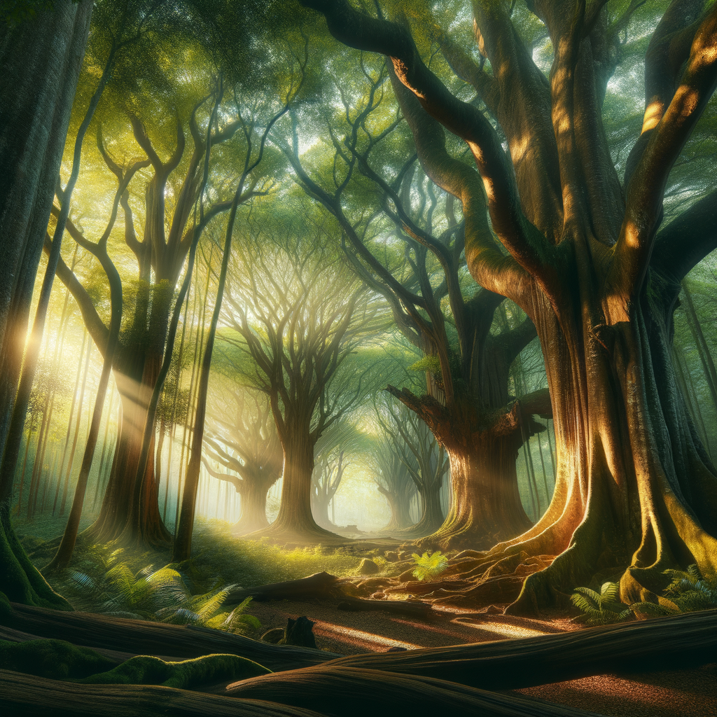 Sunlight streaming through a pristine old forest, casting a dance of shadows and light in a good morning image.