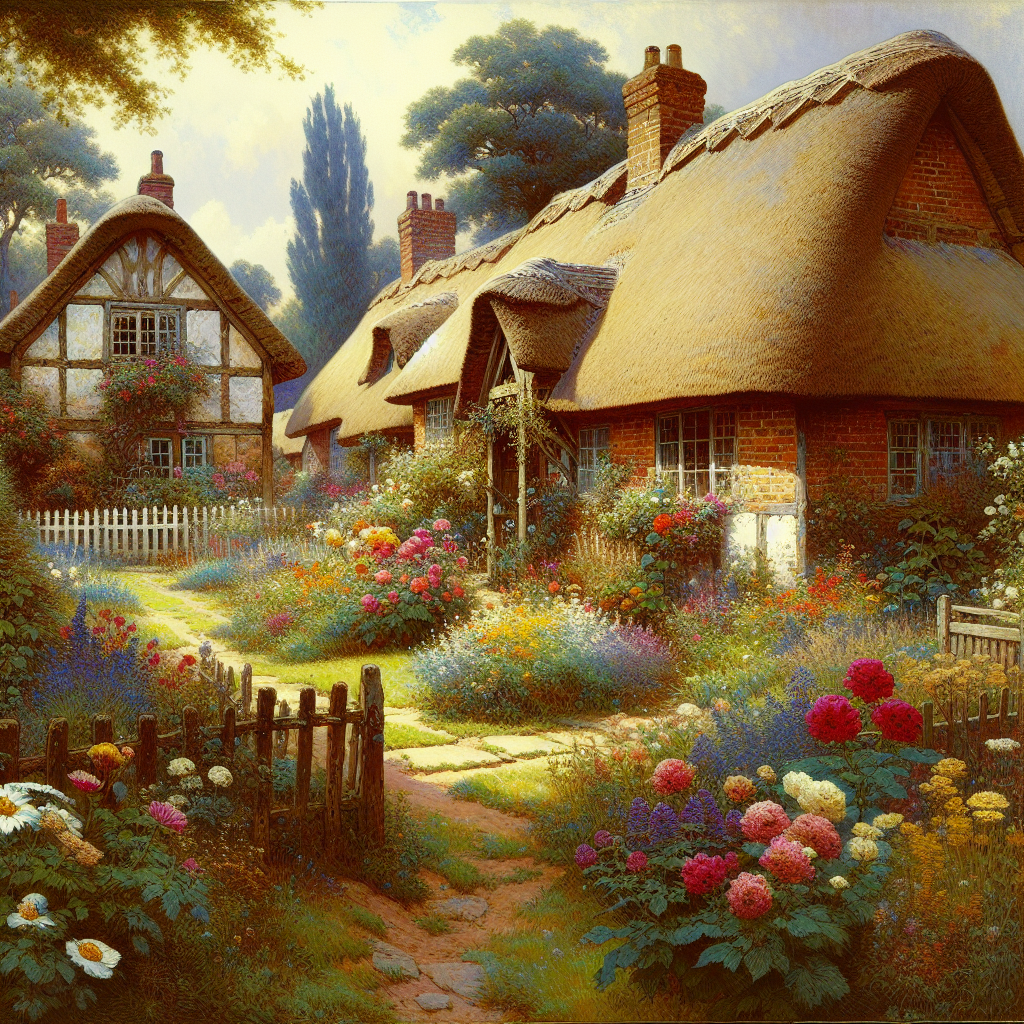 Rural landscape at sunrise with quaint cottages, blooming gardens, and a peaceful atmosphere, embodying a good morning image.