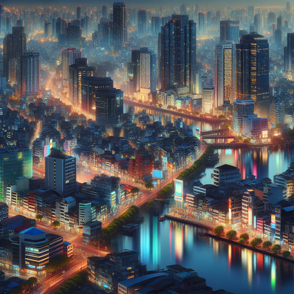 Good morning image of a bustling cityscape at dawn with shimmering reflections and bright lights.