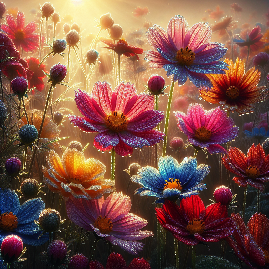 A breathtaking good morning image showcasing a vivid array of flowers with dewdrops under the serene early morning light