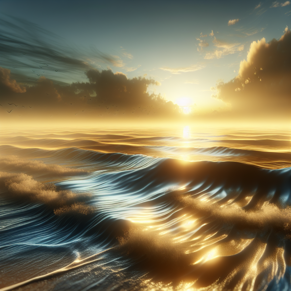 A serene good morning image featuring a tranquil ocean scene illuminated by soft golden sunlight, with gentle waves lapping against the shore.