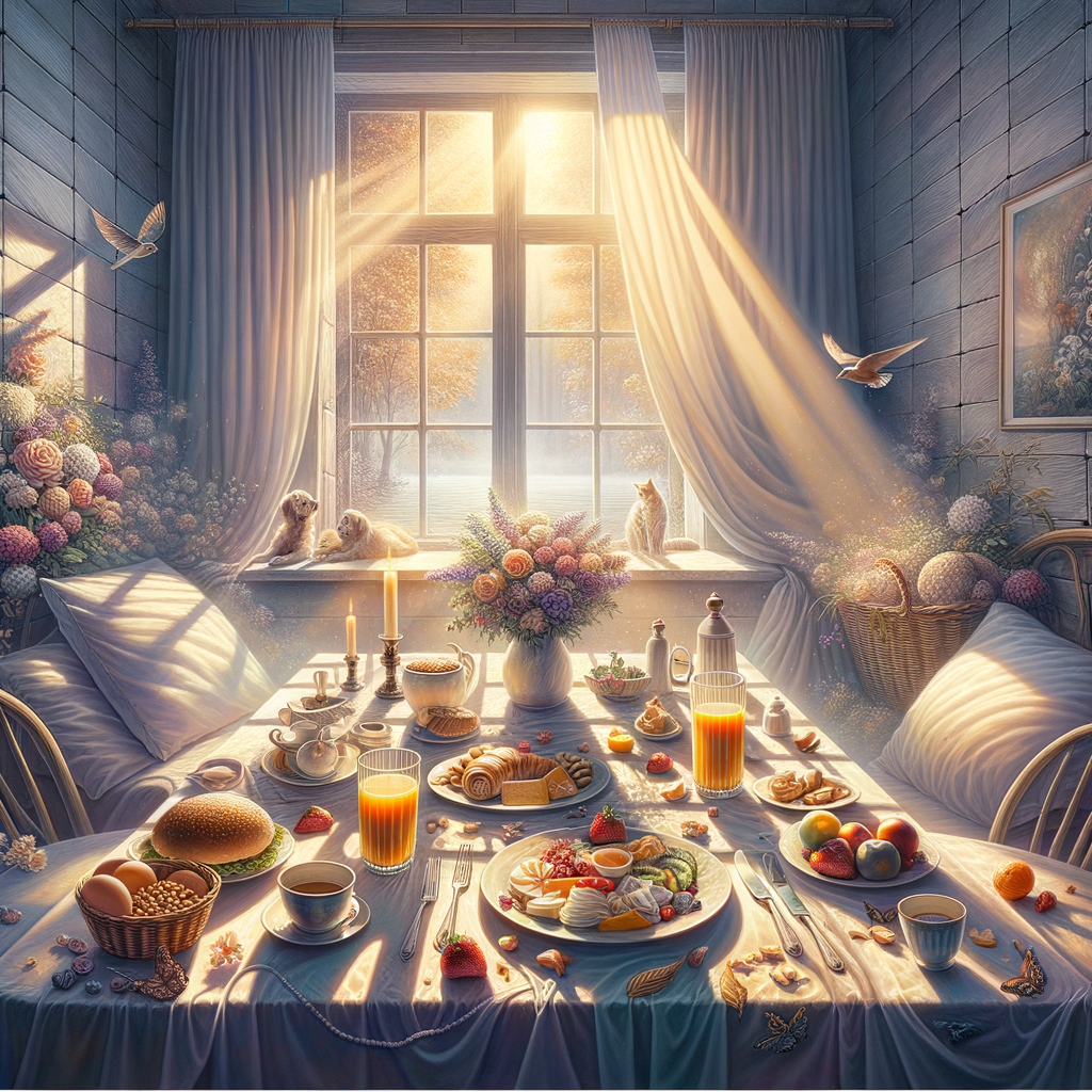 A tranquil good morning image of a sunlit breakfast table for two, arranged with care to evoke loving tenderness without figures.