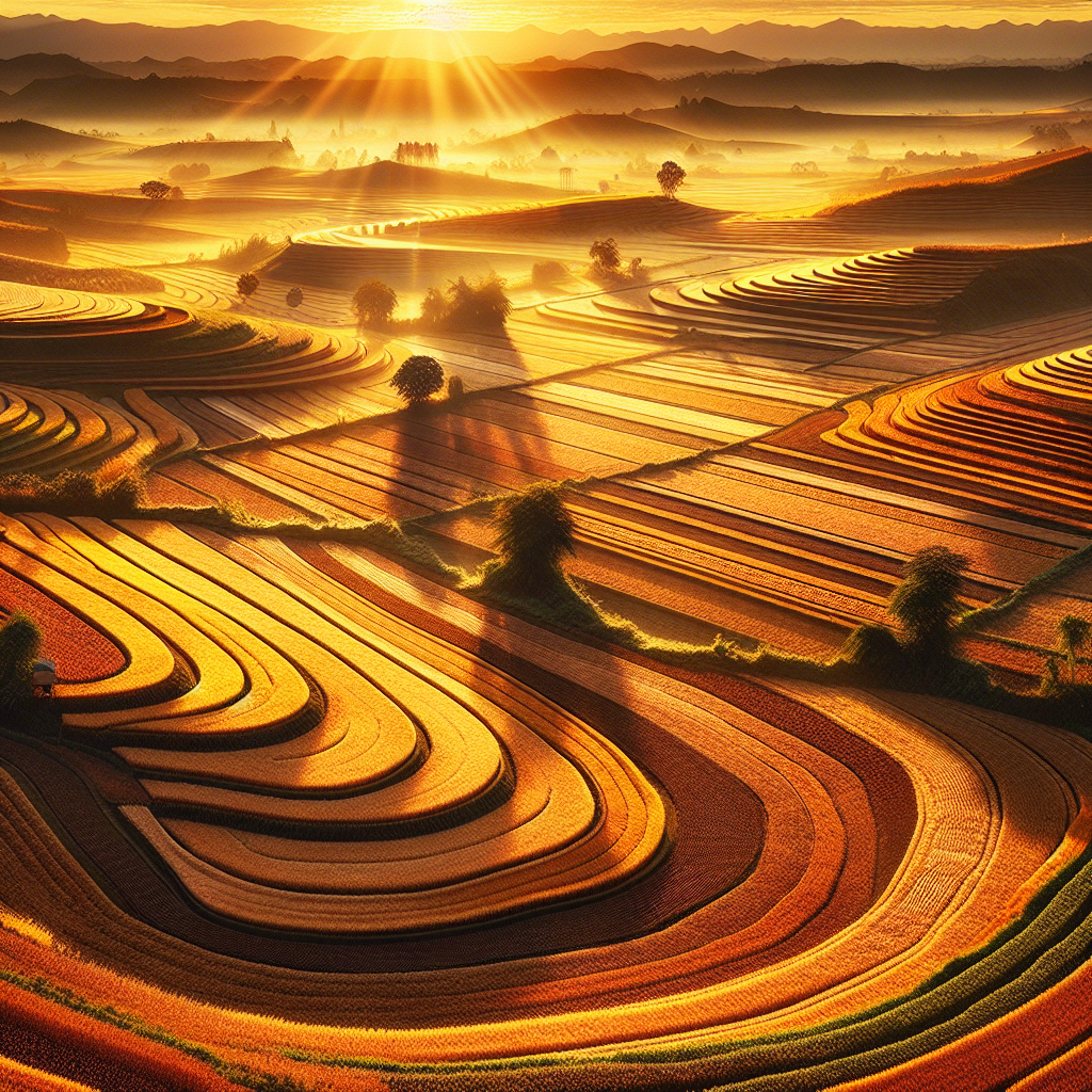 A serene morning in harvested fields under a golden sunrise, embodying autumn's abundance and the spirit of renewal, perfect good morning image.