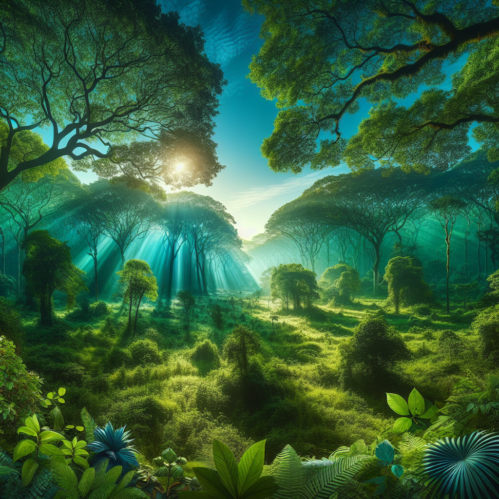 Lush forest at sunrise with rays of light piercing through dense greenery, showcasing a vibrant good morning image.