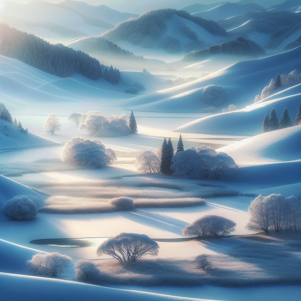 A serene winter morning scene with snow-covered landscape, good morning image.