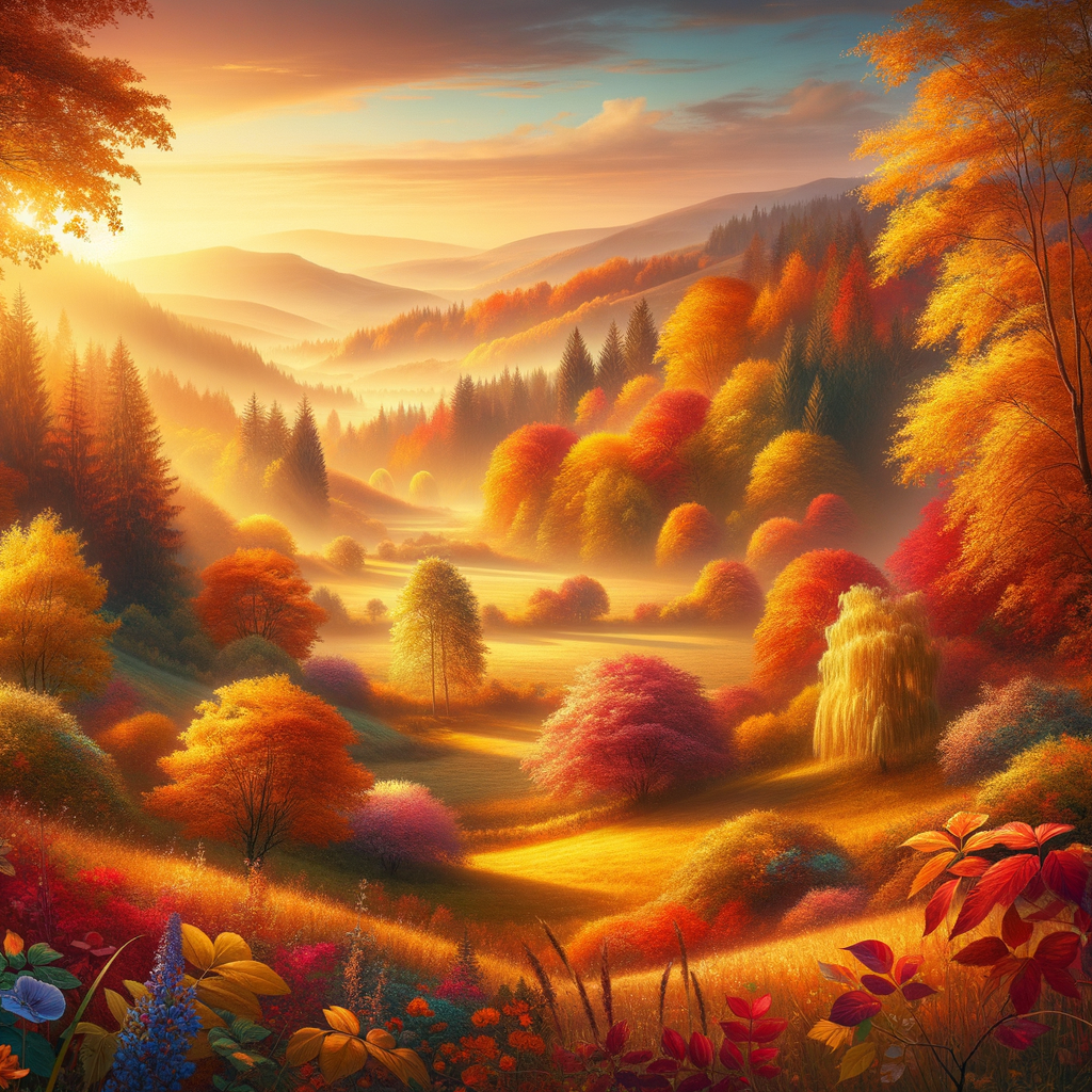 Lush autumn landscape bathed in soft morning light, showcasing fall's spectrum in a tranquil good morning image.