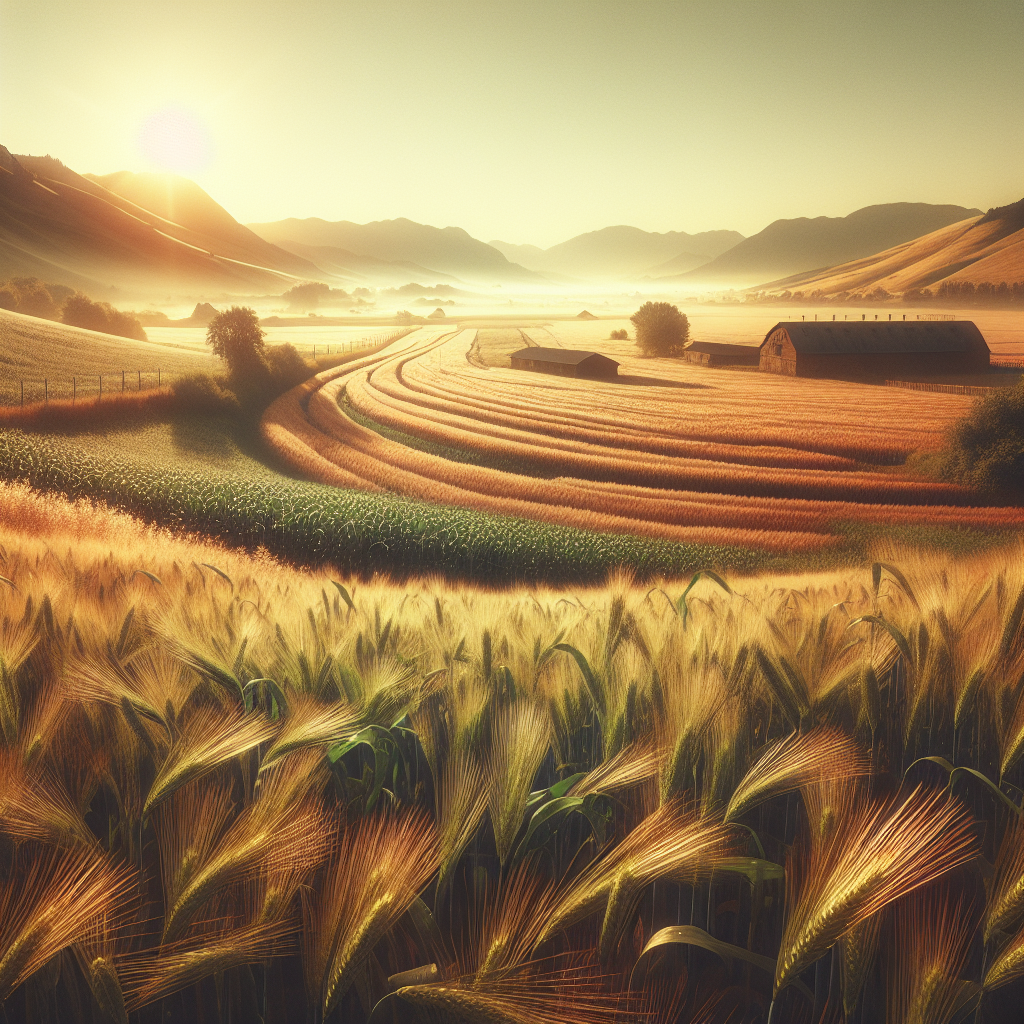 A pastoral countryside at dawn, with golden wheat fields and a distant barn, showcasing a tranquil good express as a good morning image.