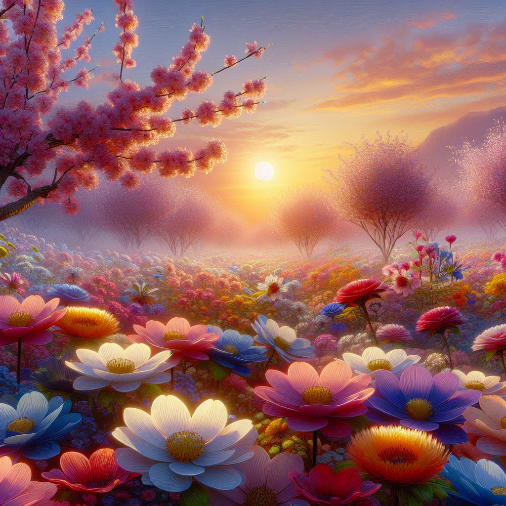 Vibrant morning scene filled with a myriad of blossoming flowers, each petal catching the soft sunlight, symbolizing a fresh start. A good morning image.