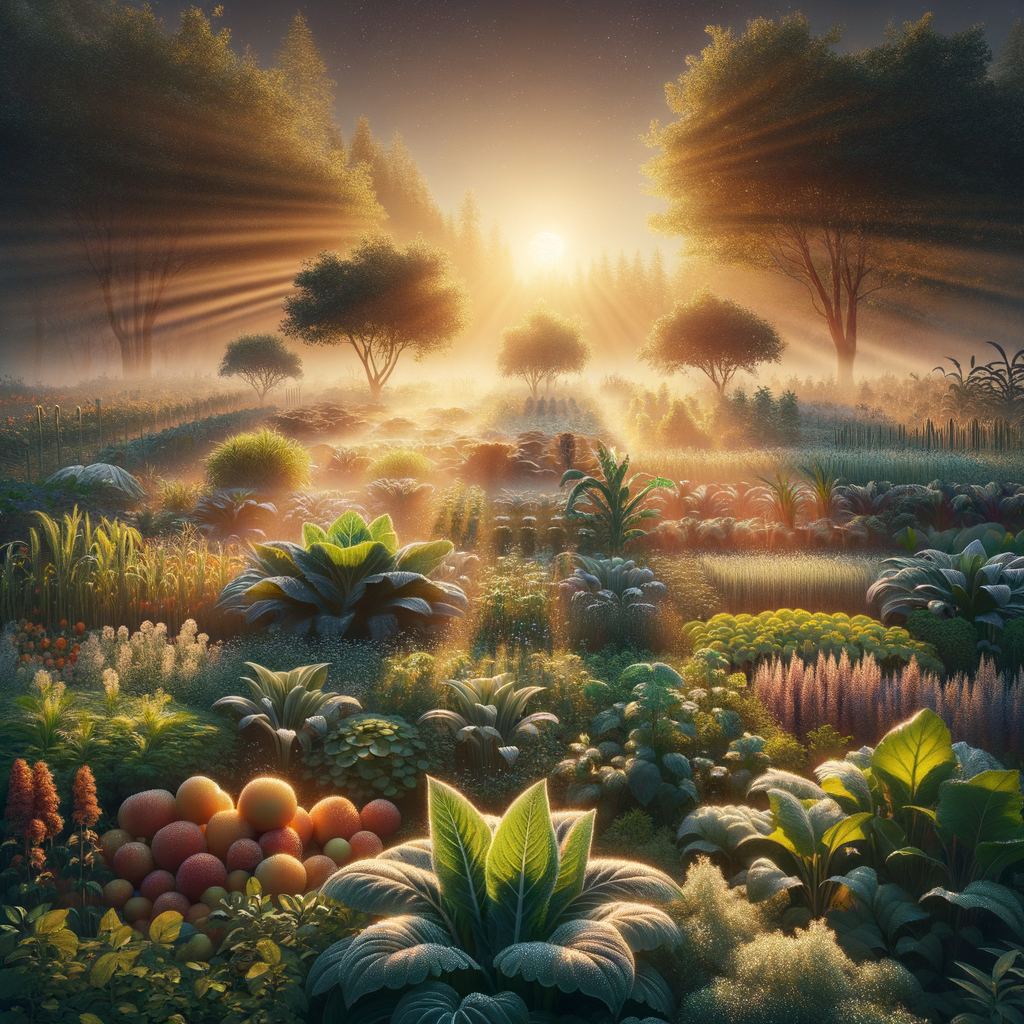 Good morning image of a bountiful farm bathed in sunrise's soft glow, with vibrant, dew-kissed crops.