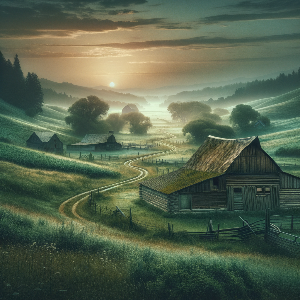 Tranquil rural landscape at dawn with meandering pathways and weathered barns, devoid of life, evoking a serene good morning image.