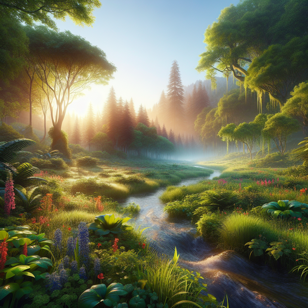 A serene good morning image of a lush ecosystem, with sunlight filtering through tall, vibrant trees and a gentle stream.