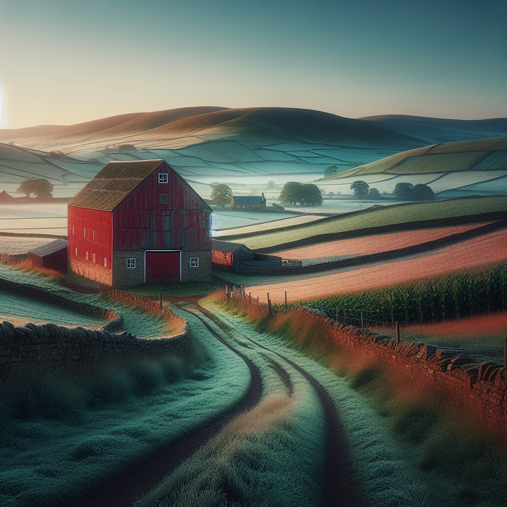 Historic red barn and rolling green hills under a dawn sky, embodying tranquility and age-old rural beauty - a perfect good morning image.