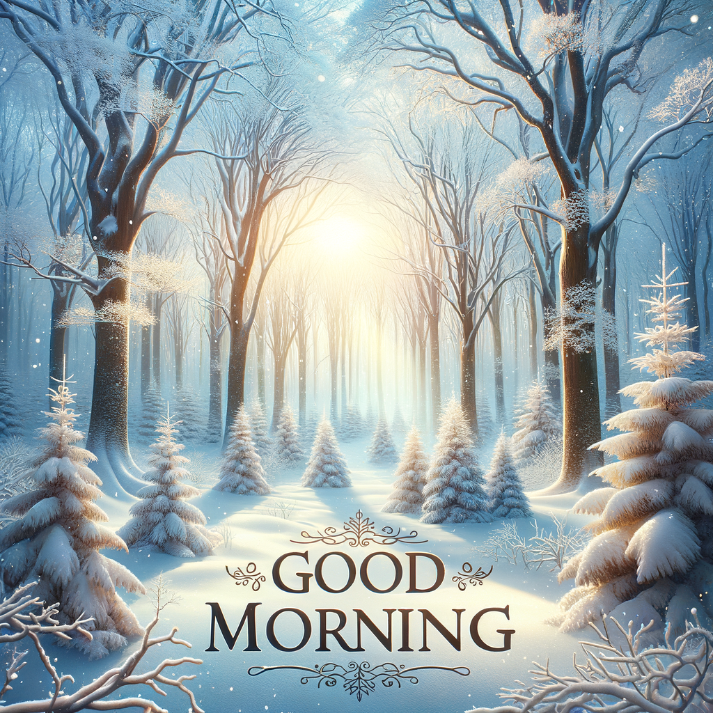 A tranquil winter forest scene, with pristine snow under a gentle sunrise, evoking a good morning greeting.