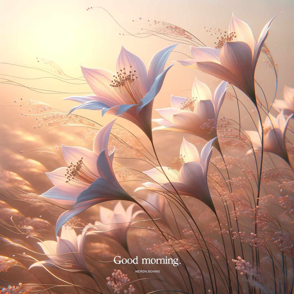 A tranquil scene of elegant flowers swaying in the morning breeze, with soft sunlight highlighting their delicate petals. Perfect good morning image.