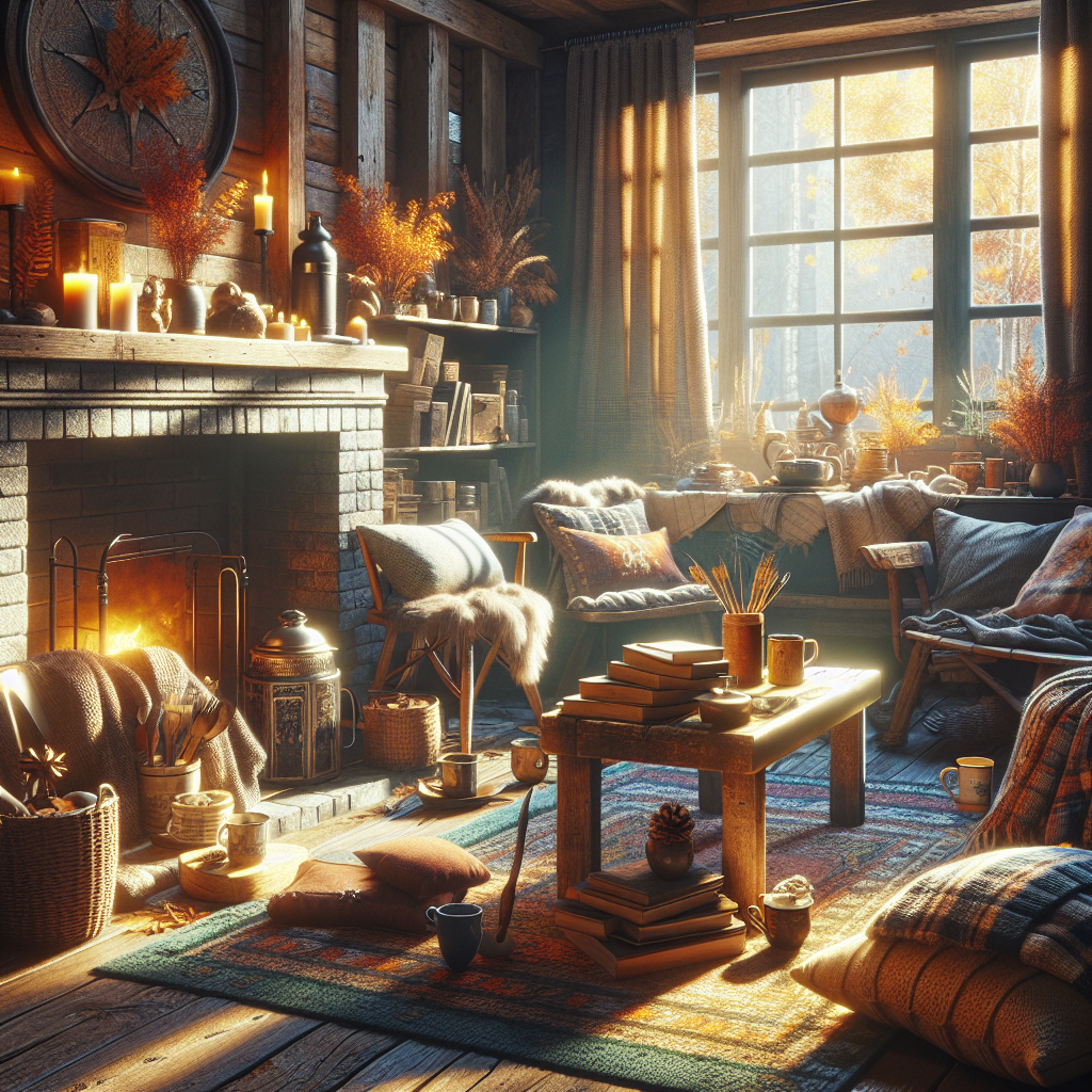 A cozy autumn morning setting with warm fireplace, blankets, books, mugs, and rustic furniture, casting a beautiful glow. Good morning image.