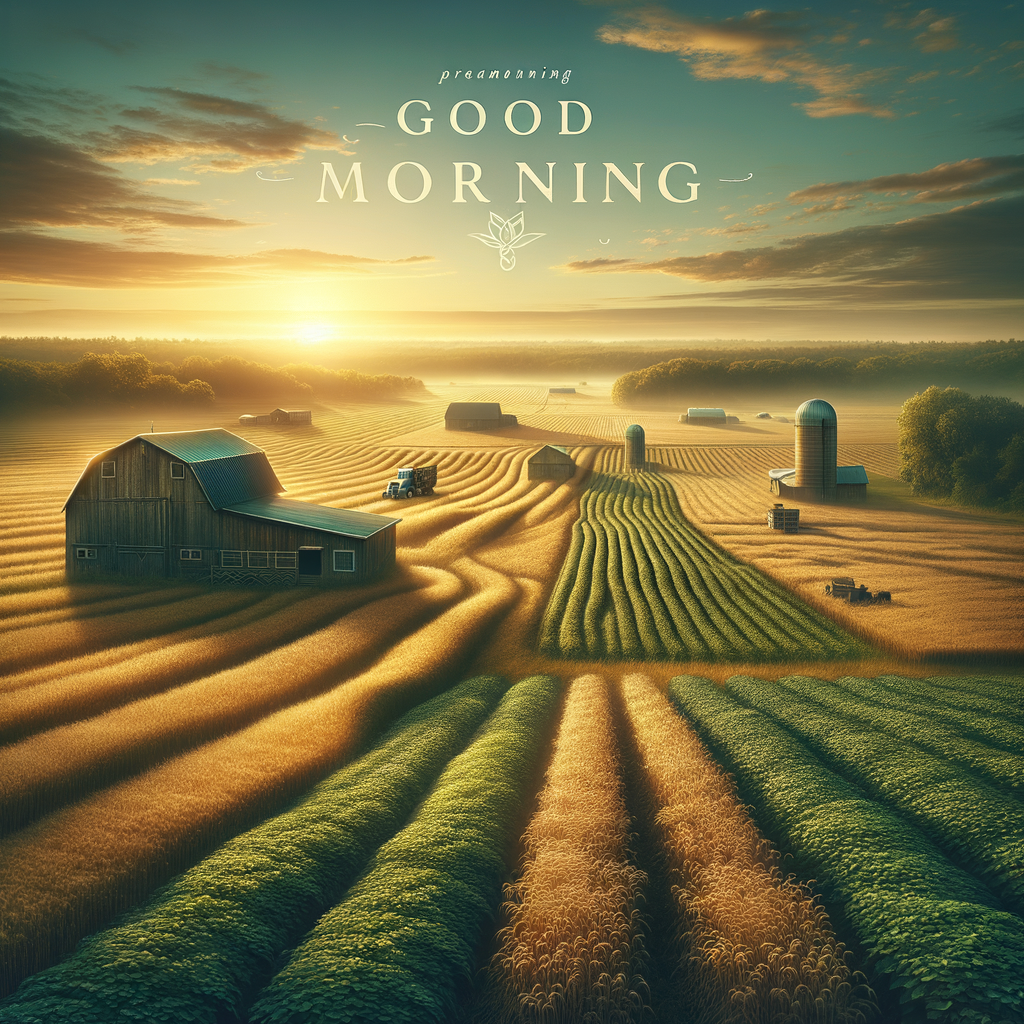 Tranquil farm scene at sunrise with golden light over crops and a rustic barn, no people, good morning image.