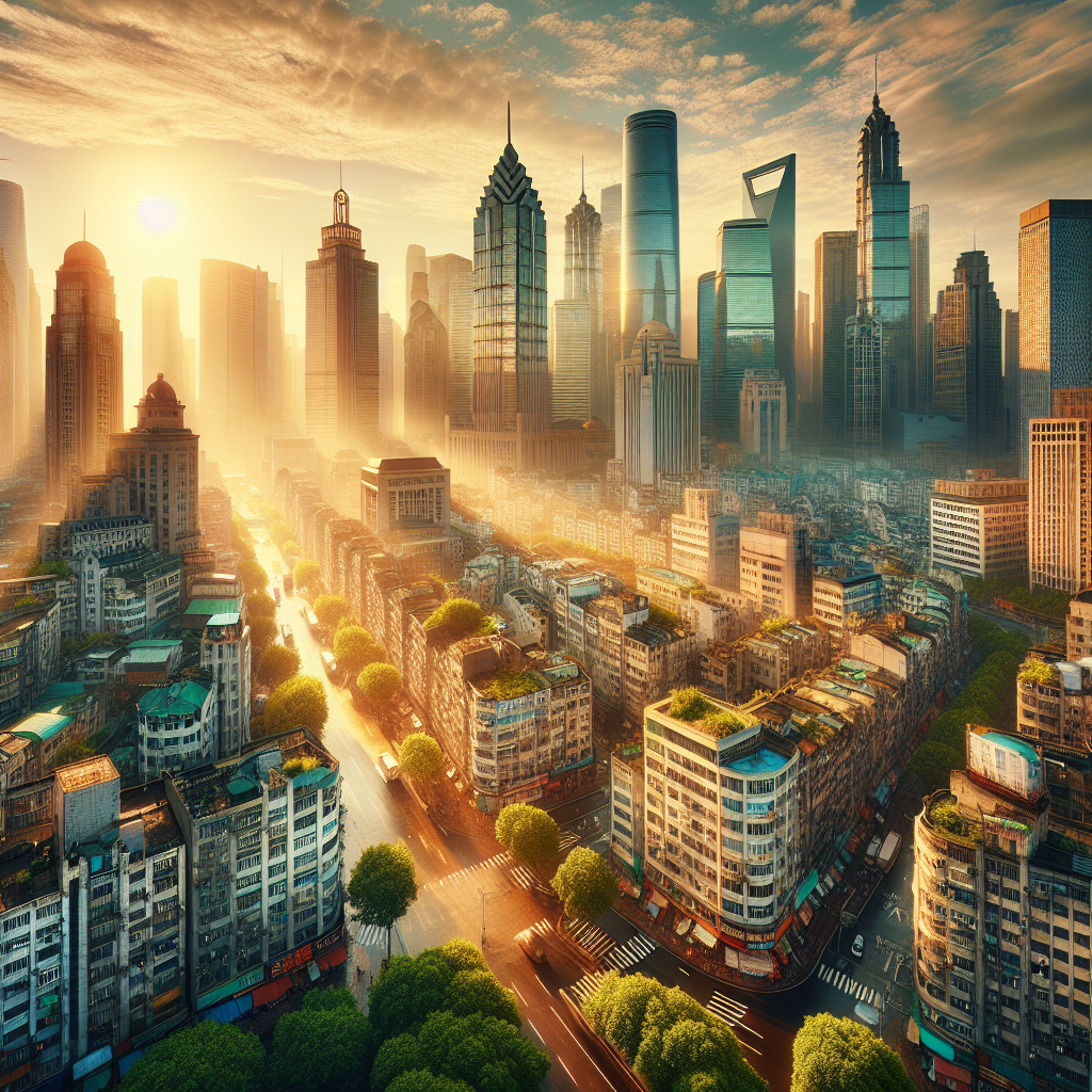 A sunlit cityscape in the morning with skyscrapers, bustling markets, and green parks, depicting the city's ambition and growth in a good morning image.