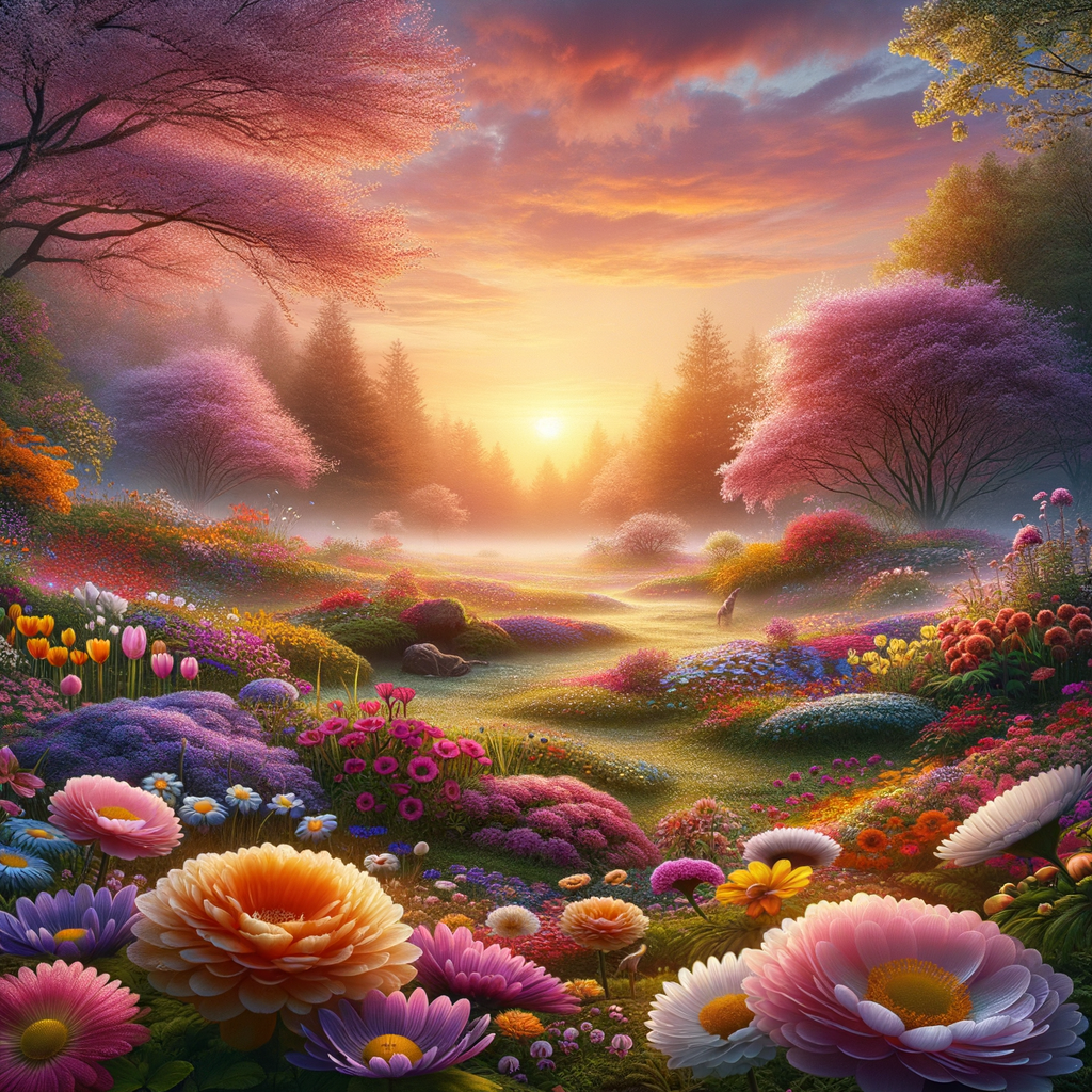 A serene spring morning with dew-kissed, multi-colored flowers, radiating under a warm sunrise in a tranquil good morning image.