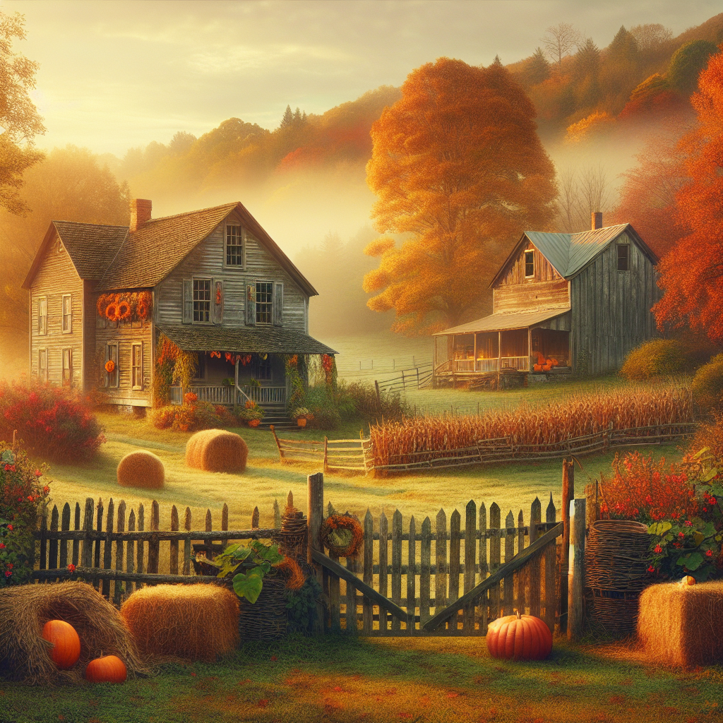 Tranquil autumn morning in the countryside with colorful foliage, an old country house, and a pumpkin patch good morning image.