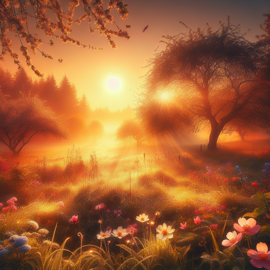 Good morning image capturing a serene and bright spring sunrise, the landscape bathed in golden sunlight, with multicolored blooms and dew-kissed grass.