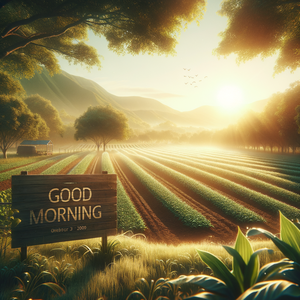 Tranquil morning on a fertile farm with dew-kissed crops and a welcoming 'Good Morning' sign, embodying hope and new beginnings.