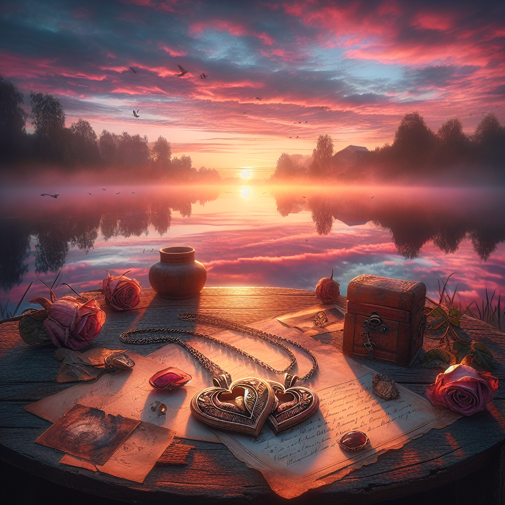 A heartwarming good morning image featuring a serene lake at sunrise, wooden heart pendants, and romantic mementos.