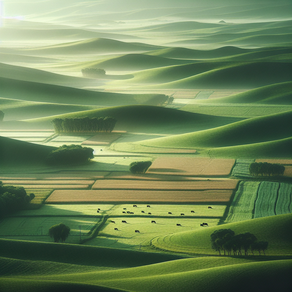 Early morning light casts a gentle glow over a tranquil pastoral countryside, showcasing empty grasslands and peaceful fields in a good morning image.