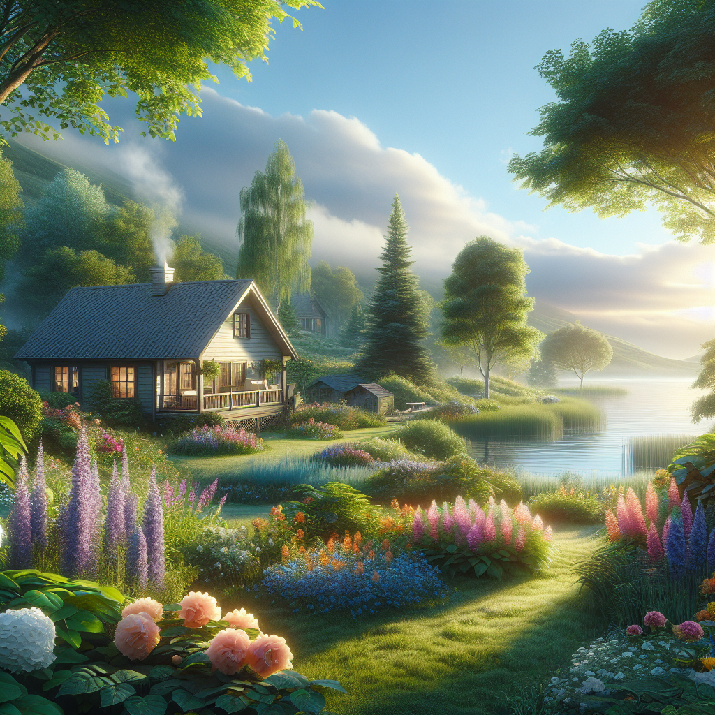 A calming summer retreat morning with a cottage among lush greenery, vibrant flowers, and a clear lake reflecting the sky - good morning image.