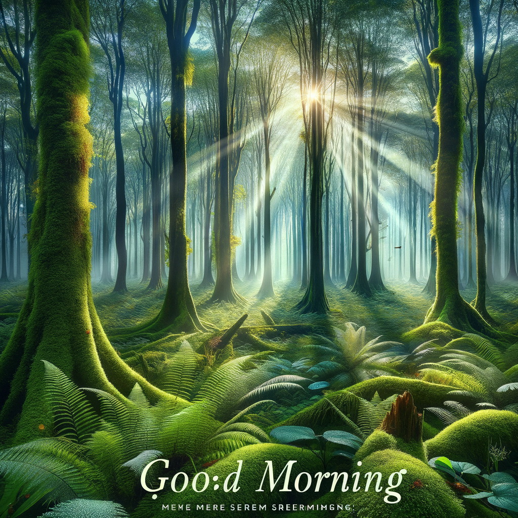 Serene morning in a forest with mist, sunlight through trees, and dew on leaves, all wishing you a good morning.