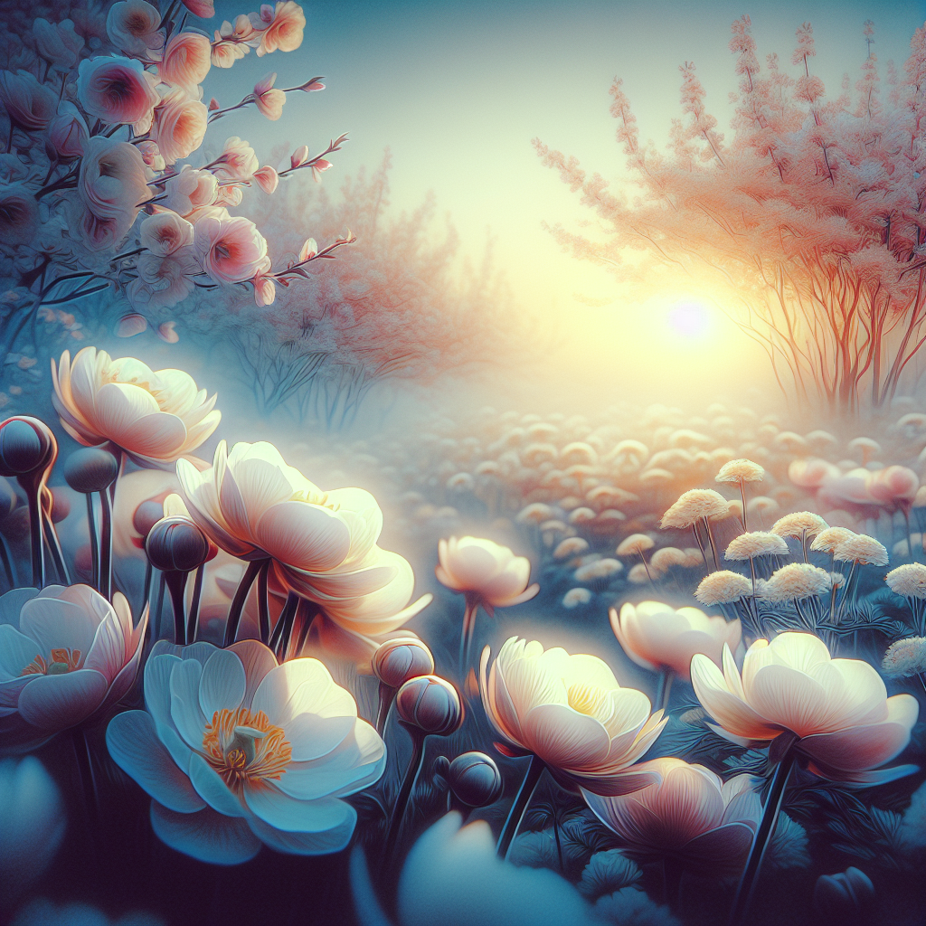 A serene morning landscape featuring a myriad of delicate flowers in exquisite beauty, symbolizing a good morning image.