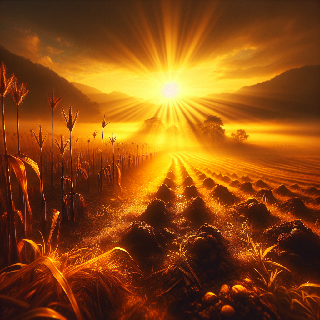 A tranquil good morning image showcasing golden sunlit farms at dawn, illuminating moist soil prepared for new seeds.