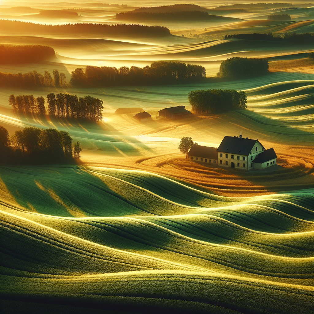 Wide-angle view of thriving farmlands under the golden light of an early morning, portraying growth and vitality - good morning image.