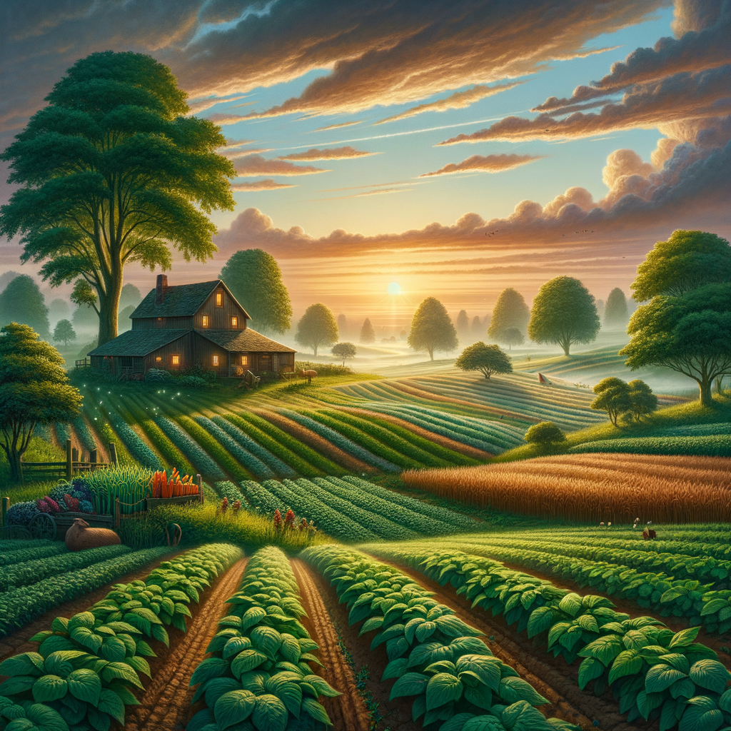 A tranquil sunrise over a lush, fertile farmstead without any living creatures, evoking a peaceful good morning image.