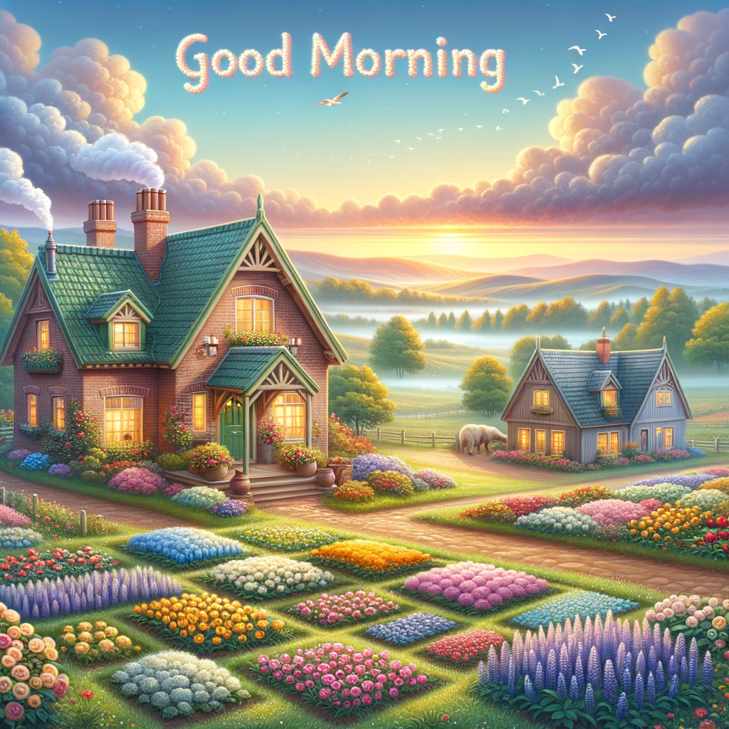 A heartwarming good morning image of a landscape with cottages, gardens in bloom, and a dew-kissed dawn.