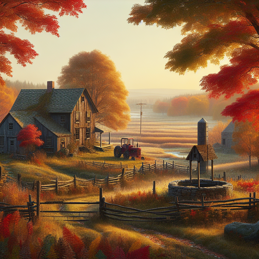 A beautiful good morning image of a rustic country setting in autumn, featuring vibrant fall colors, a wooden farmhouse, an old stone well, and a vintage tractor.