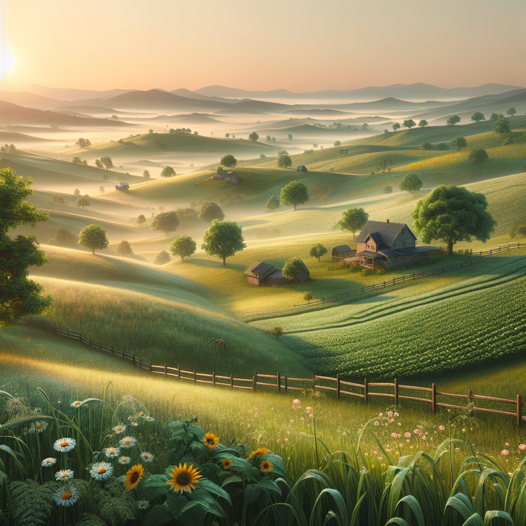 A peaceful countryside dawn with rolling hills and fields, embodying simplicity and tranquility. Good morning image.