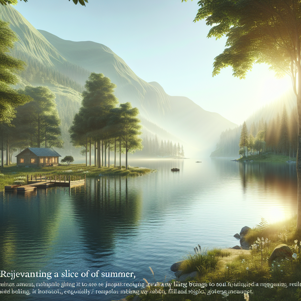 Summer morning image showcasing a serene lake, green trees, distant hill, a small wooden cabin lit by calm sunlight – a perfect good morning image.