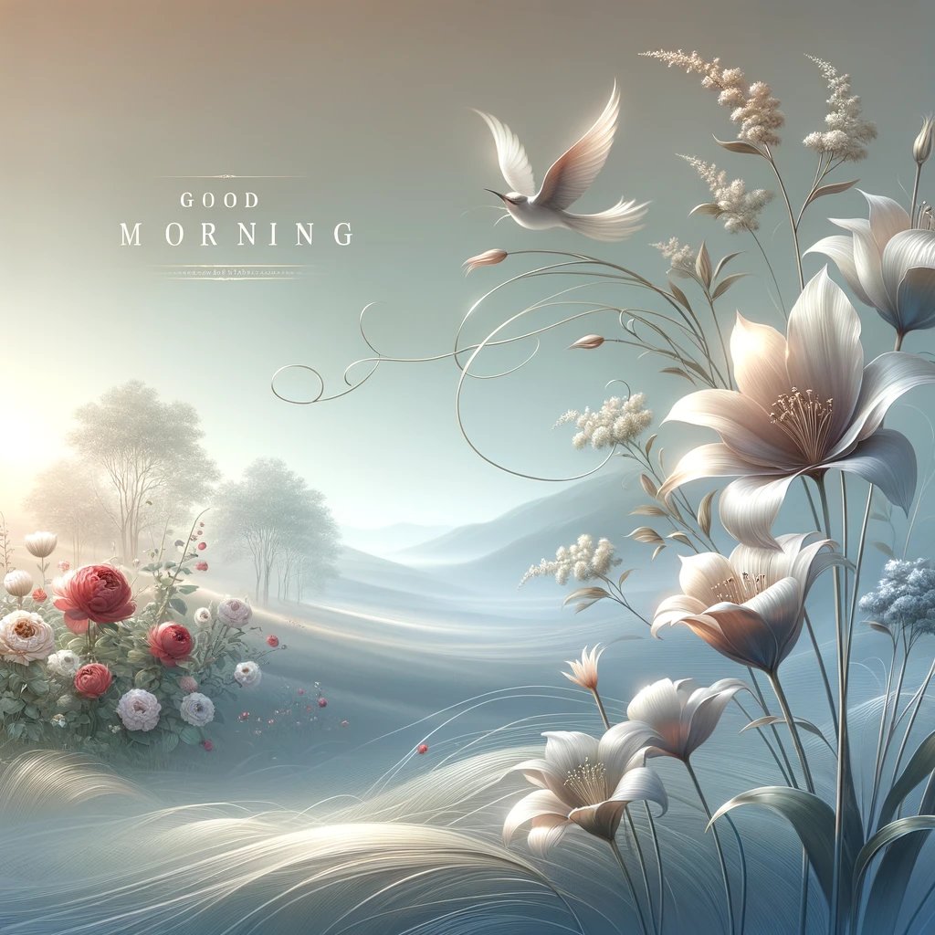 A tranquil good morning image of elegant flowers like tulips and roses in full bloom under the soft light of a serene early morning sky.