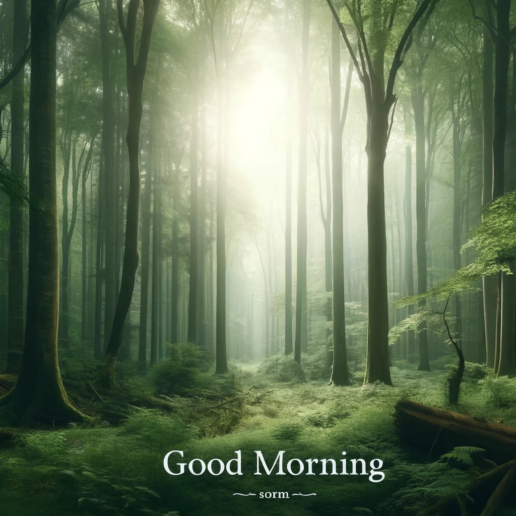 A serene forest at dawn, tranquil and peaceful, with morning light and mist. A perfect good morning image