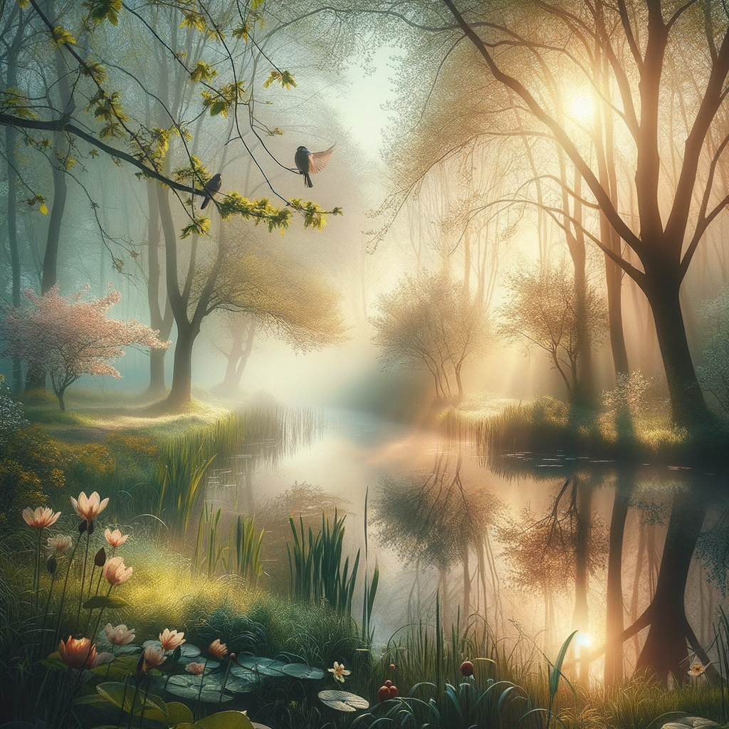 Serene good morning image of a spring dawn, sunlight through trees, dewy flora, and a calm lake.